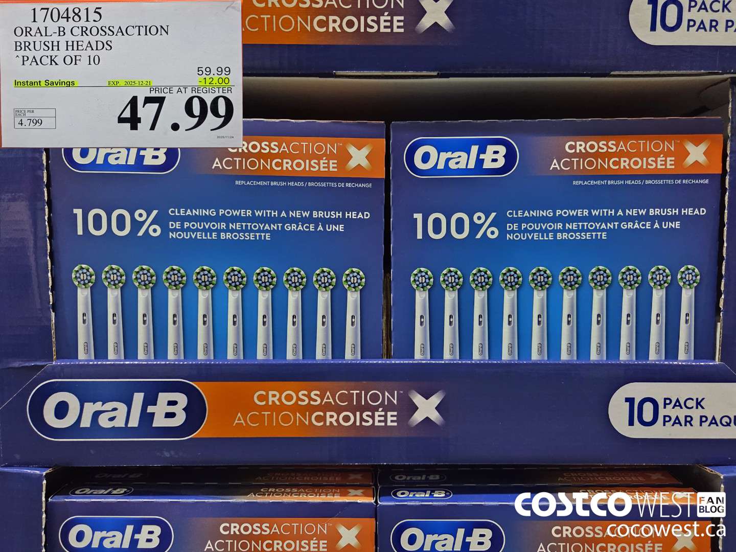 1704815 ORAL-B CROSSACTION BRUSH HEADS PACK OF 10 ($12.00 INSTANT SAVINGS EXPIRES ON 2025-12-21) $47.99