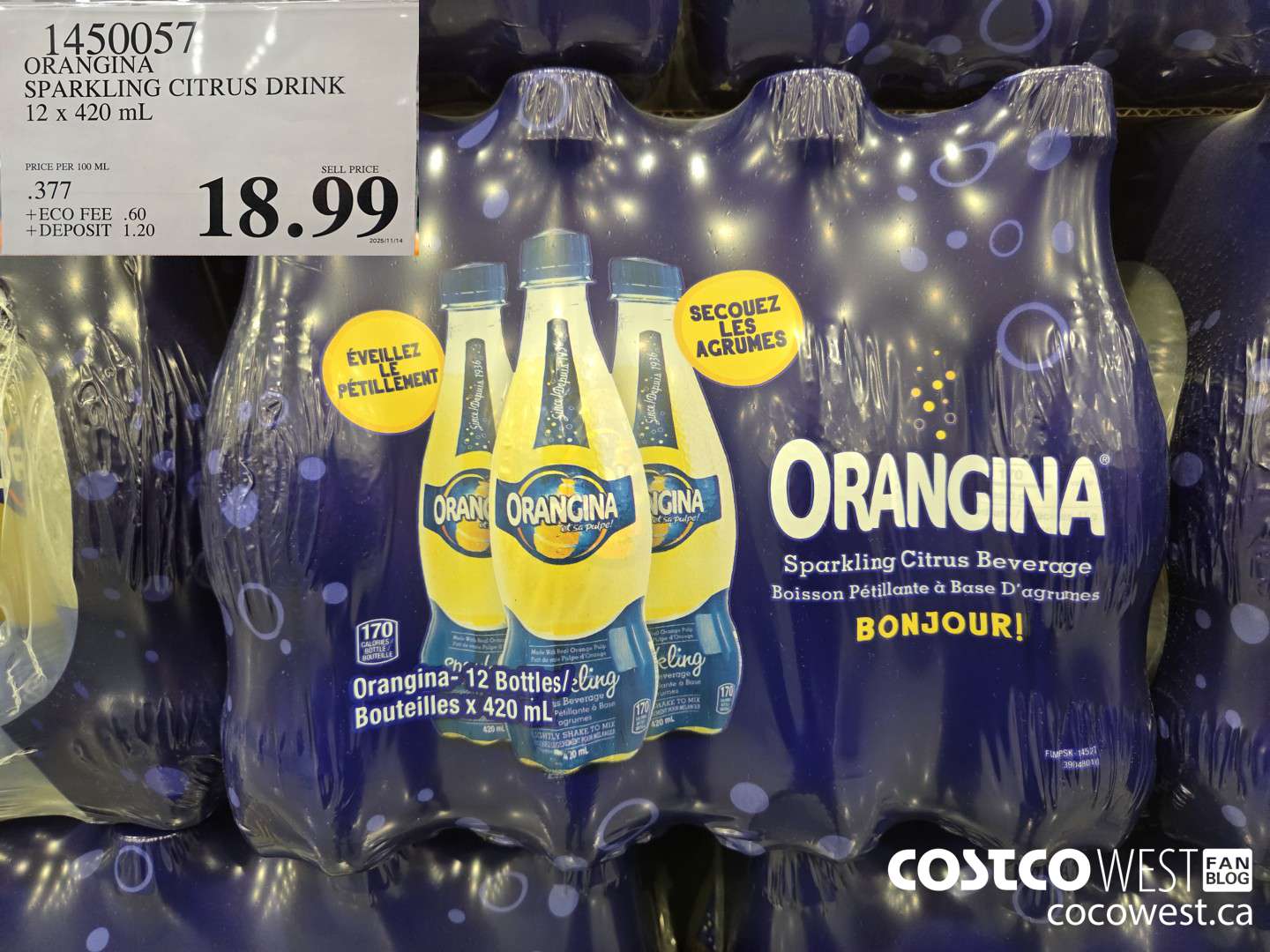 1450057 ORANGINA SPARKLING CITRUS DRINK 12 x 420 mL $18.99