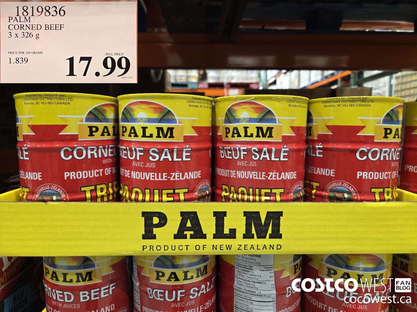 1819836 PALM CORNED BEEF 3 X 326G $17.99