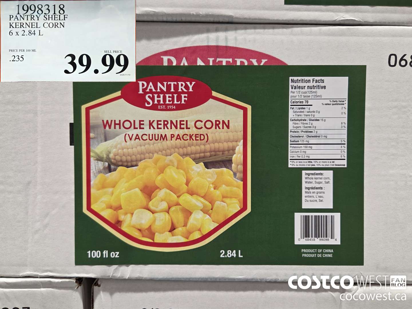 1998318 PANTRY SHELF KERNEL CORN 6 x 2.84 L $39.99