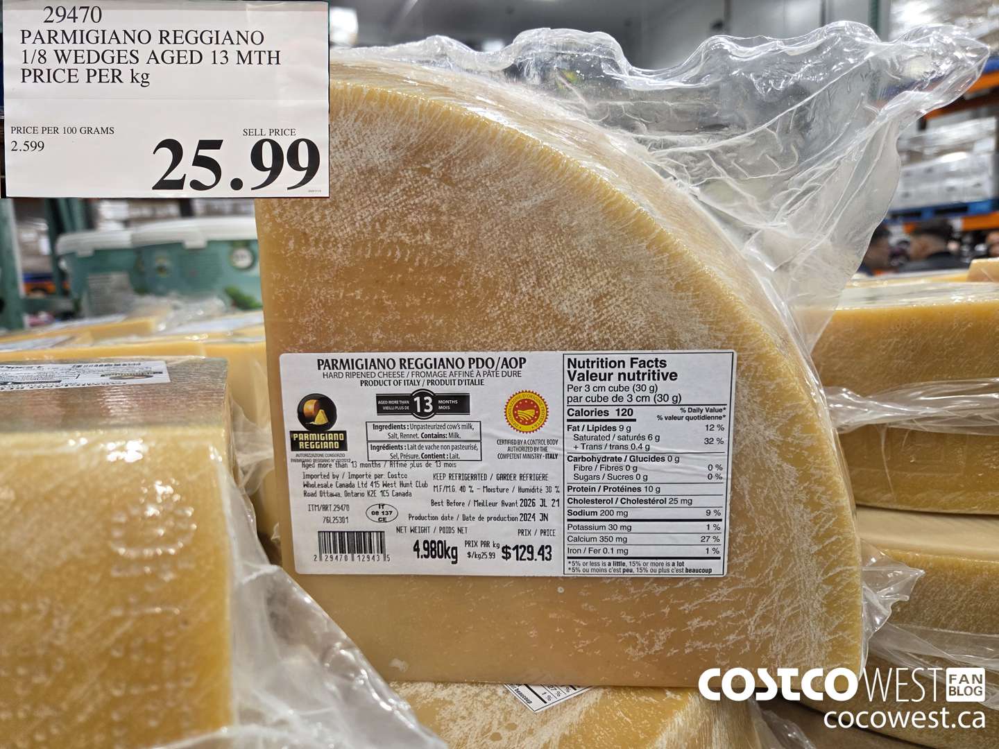 29470 PARMIGIANO REGGIANO 1/8 WEDGES AGED 13 MTH PRICE PER kg PRICE PER 100 GRAMS SEE PRICE sae 5.99  $25.99