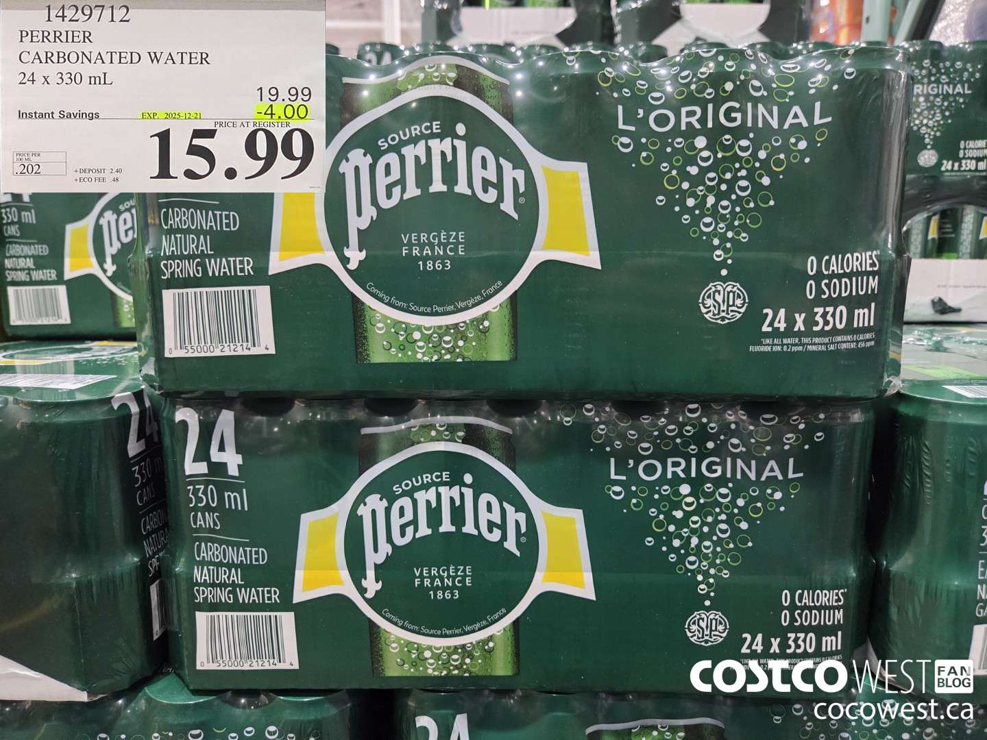 1429712 PERRIER CARBONATED WATER 24 X 330ML ($4.00 INSTANT SAVINGS EXPIRES ON 2025-12-21) $15.99