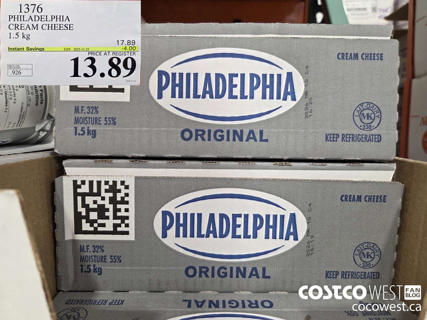 1376 PHILADELPHIA CREAM CHEESE 1.5 kg ($4.00 INSTANT SAVINGS EXPIRES ON 2025-11-23) $13.89