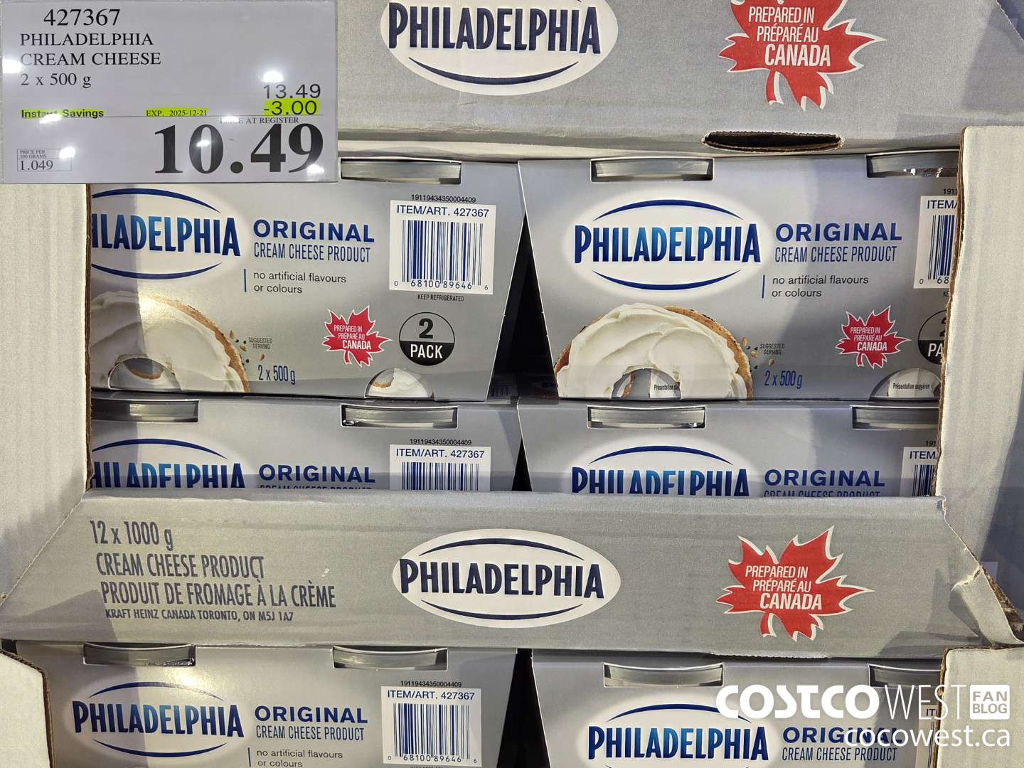 427367 PHILADELPHIA CREAM CHEESE 2 x 500 g ($3.00 INSTANT SAVINGS EXPIRES ON 2025-12-21) $10.49