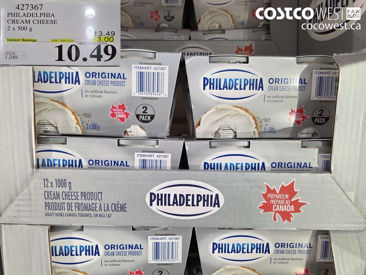 427367 PHILADELPHIA CREAM CHEESE 2 x 500 g ($3.00 INSTANT SAVINGS EXPIRES ON 2025-12-21) $10.49