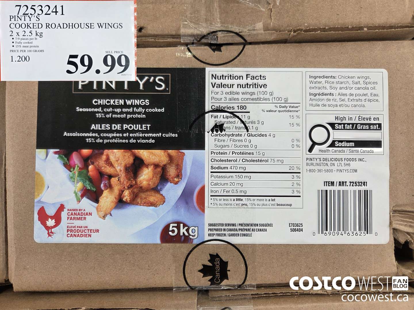 7253241 PINTY'S COOKED ROADHOUSE WINGS 2 x 2.5 kg $59.99