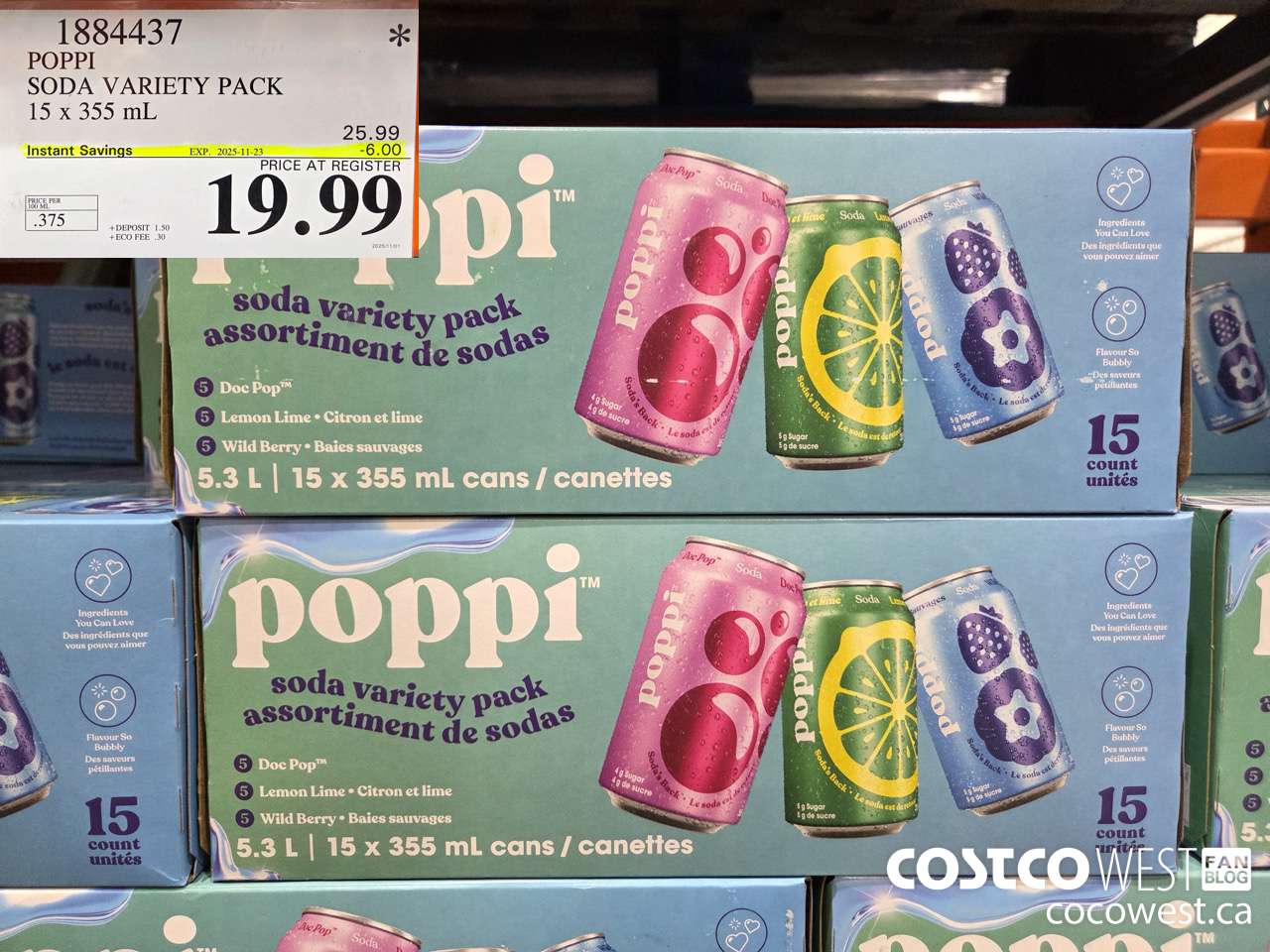1884437 POPPI SODA VARIETY PACK 15 X 355ML ($6.00 INSTANT SAVINGS EXPIRES ON 2025-11-23) $19.99