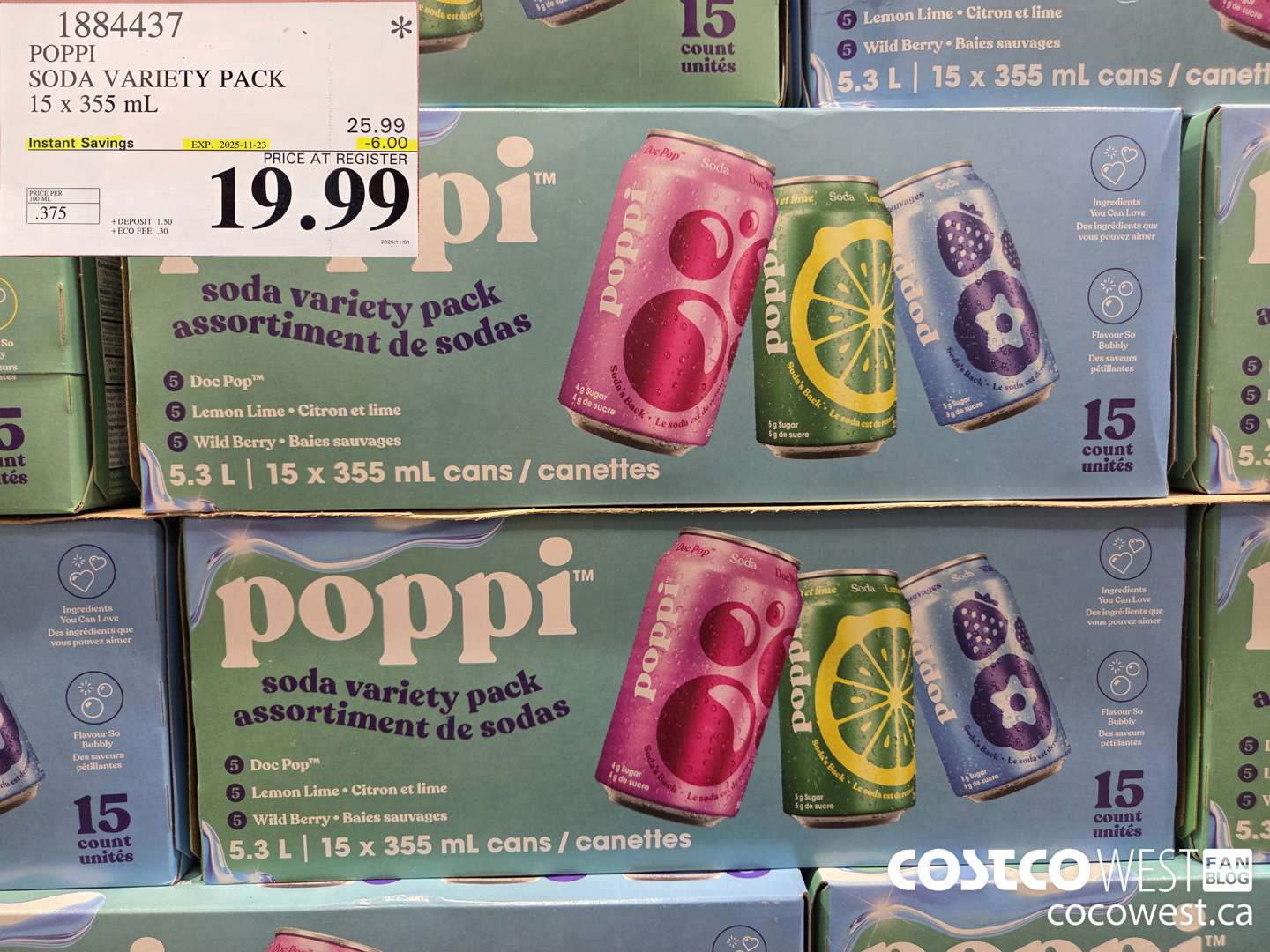 1884437 POPPI SODA VARIETY PACK 15 X 355ML ($6.00 INSTANT SAVINGS EXPIRES ON 2025-11-23) $19.99