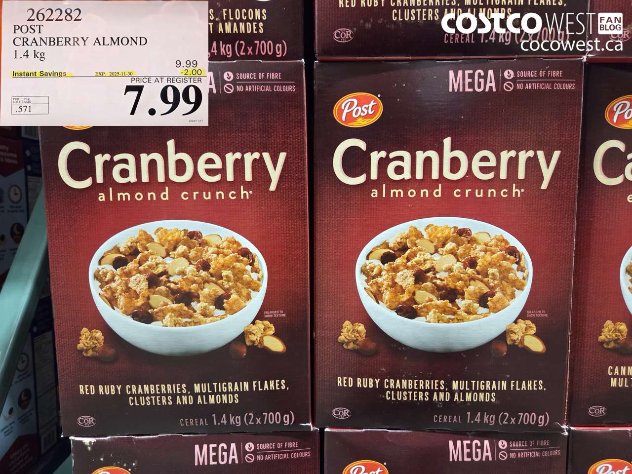 262282 POST CRANBERRY ALMOND CRUNCH 1.4 kg ($2.00 INSTANT SAVINGS EXPIRES ON 2025-11-30) $7.99