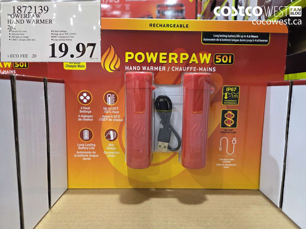 1872139 POWERPAW 501 RECHARGEABLE HAND WARMERS 2PK $19.97