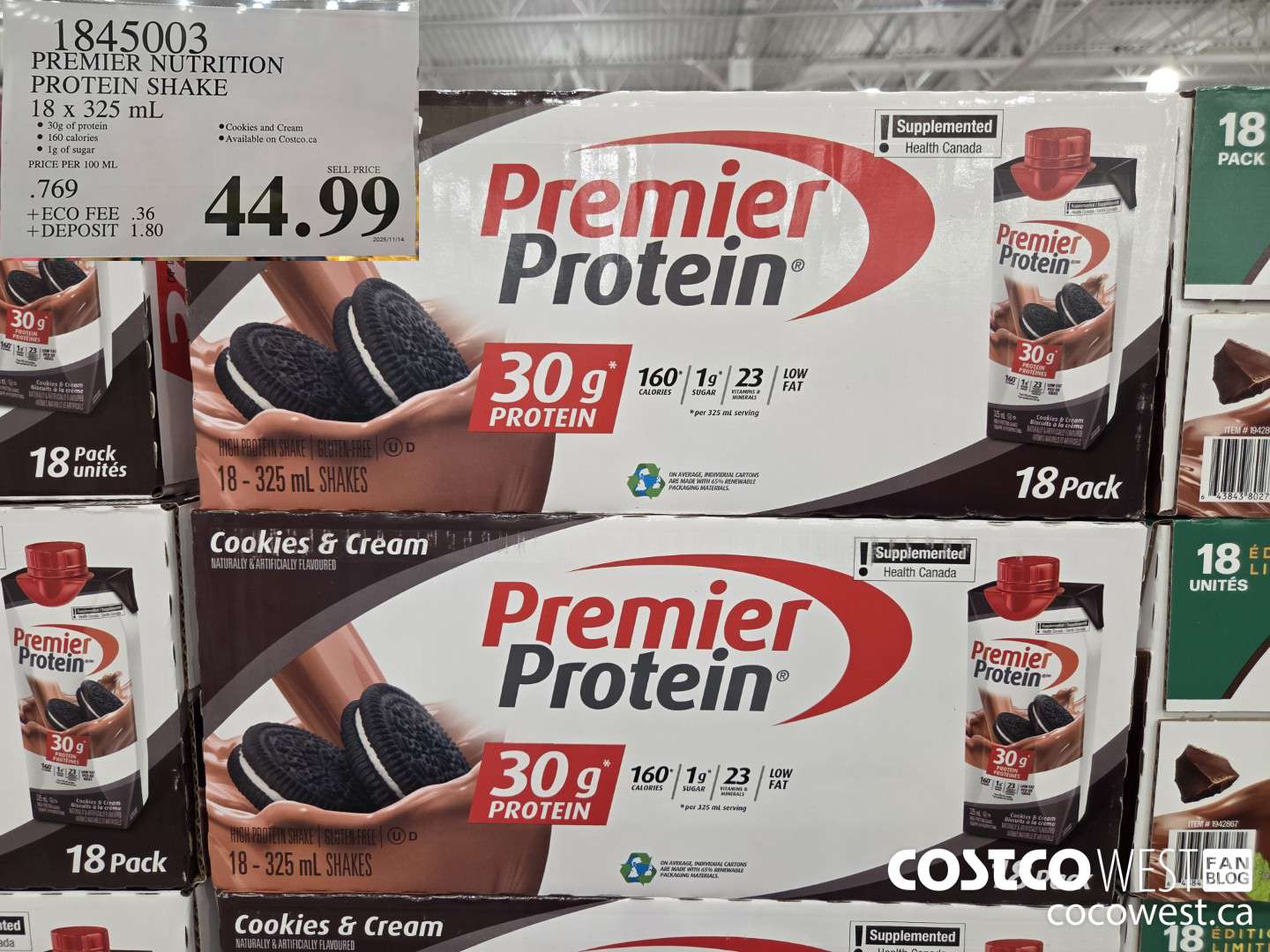 1845003 PREMIER NUTRITION PROTEIN SHAKE 18 x 325 mL $44.99