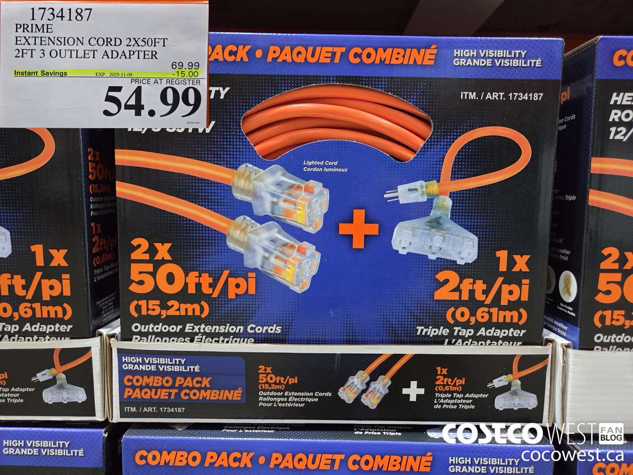 1734187 PRIME EXTENSION CORD 2X50FT 2FT 3 OUTLET ADAPTER ($15.00 INSTANT SAVINGS EXPIRES ON 2025-11-09) $54.99