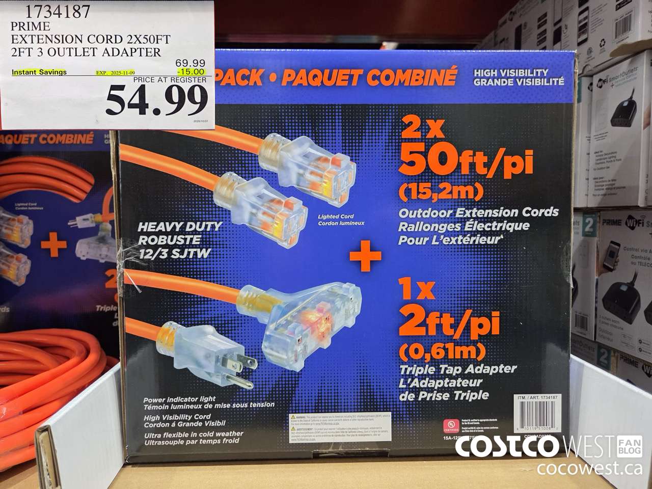 1734187 PRIME EXTENSION CORD 2X50FT 2FT 3 OUTLET ADAPTER ($15.00 INSTANT SAVINGS EXPIRES ON 2025-11-09) $54.99