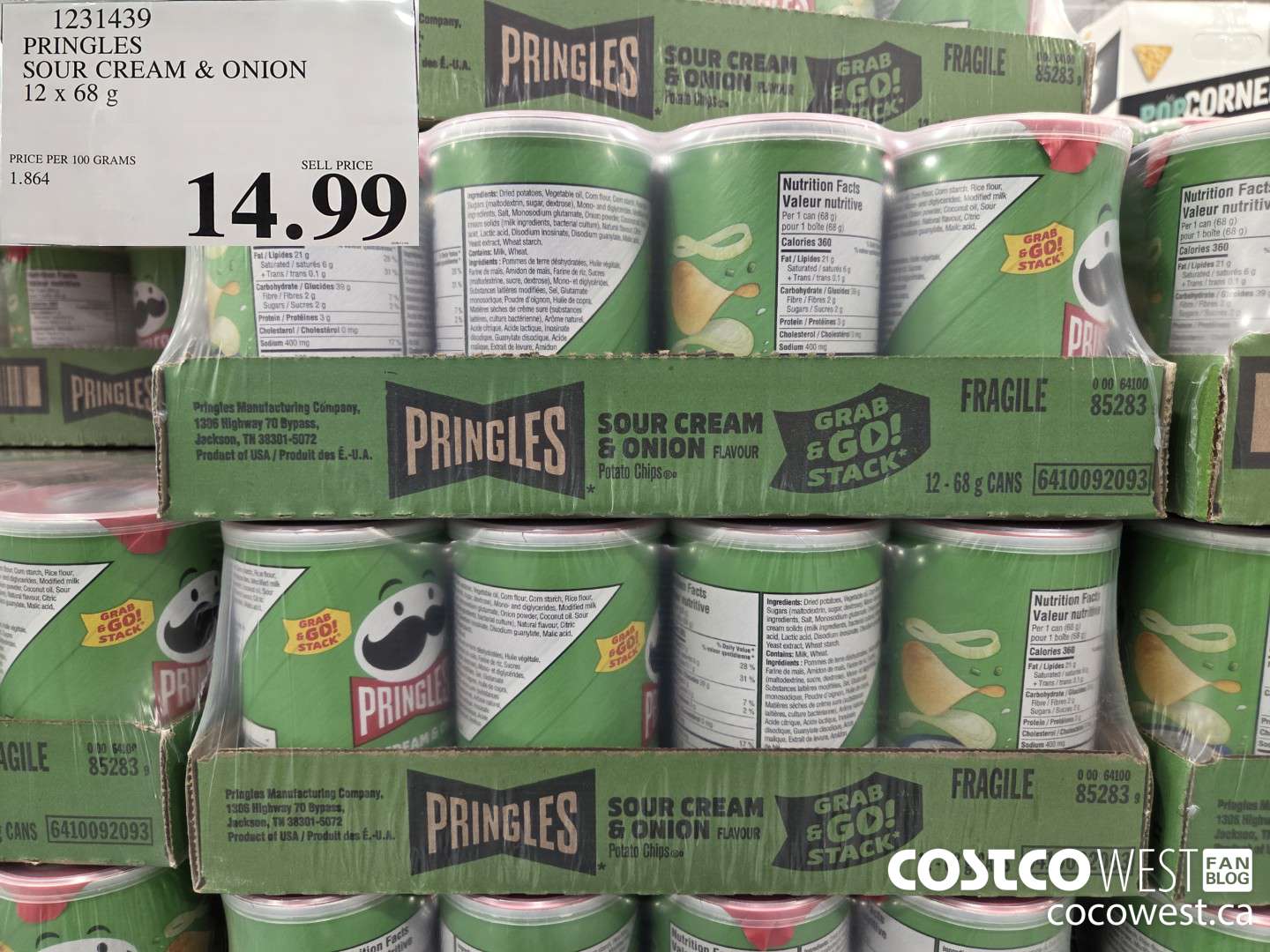 1231439 PRINGLES SOUR CREAM & ONION 12 x 68 g $14.99