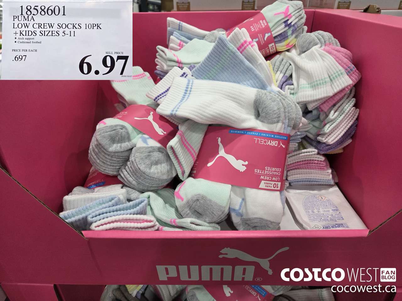 1858601 PUMA LOW CREW SOCKS 10PK KIDS SIZES 5-11 $6.97