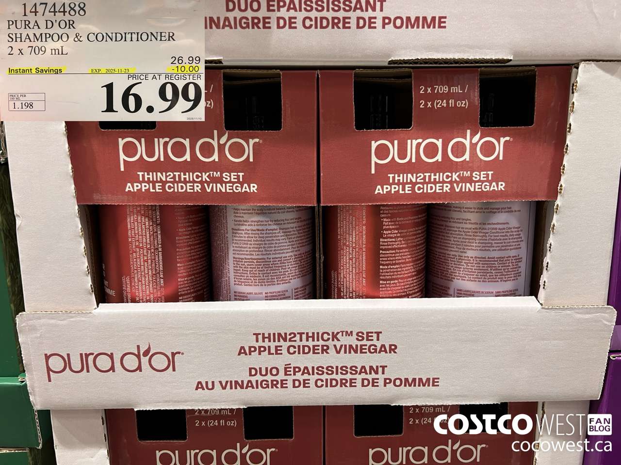 1474488 PURA D'OR SHAMPOO+CONDITIONER 2 X 709 ML ($10.00 INSTANT SAVINGS EXPIRES ON 2025-11-23) $16.99