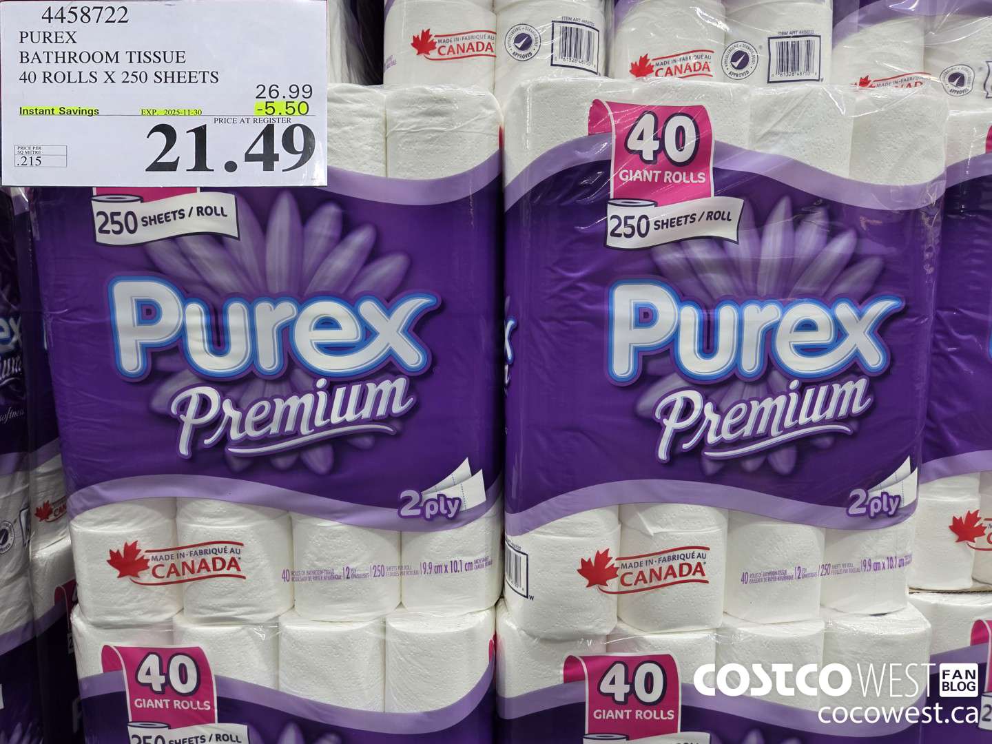 4458722 PUREX BATHROOM TISSUE 40 ROLLS X 250 SHEETS 6.99 ($5.50 INSTANT SAVINGS EXPIRES ON 2025-11-30) $21.49