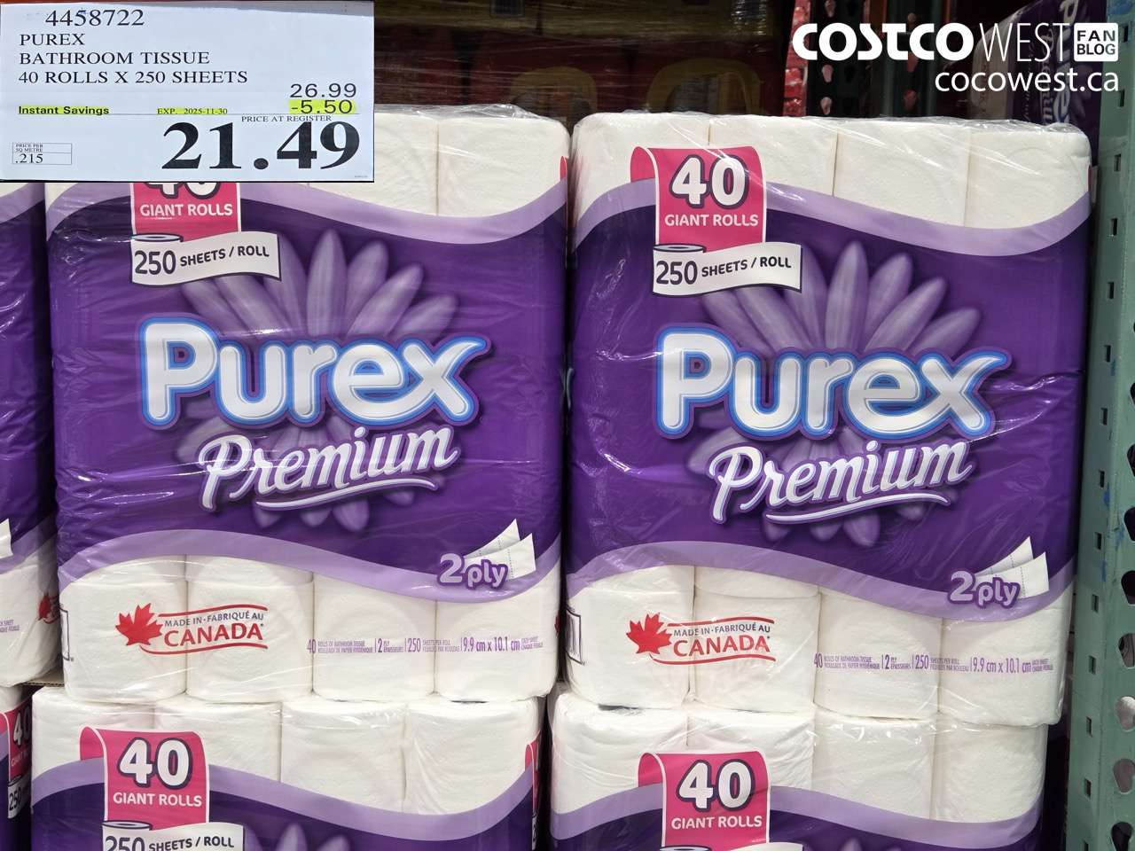 4458722 PUREX BATHROOM TISSUE 40 ROLLS X 250 SHEETS 6.99 ($5.50 INSTANT SAVINGS EXPIRES ON 2025-11-30) $21.49