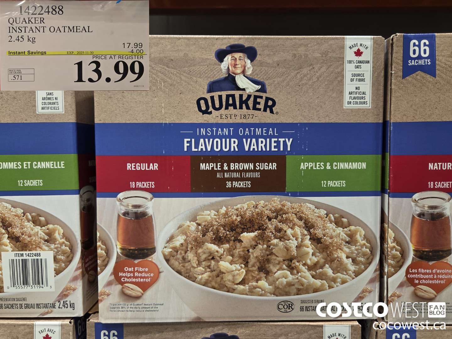 1422488 QUAKER INSTANT OATMEAL 2.45 kg ($4.00 INSTANT SAVINGS EXPIRES ON 2025-11-30) $13.99