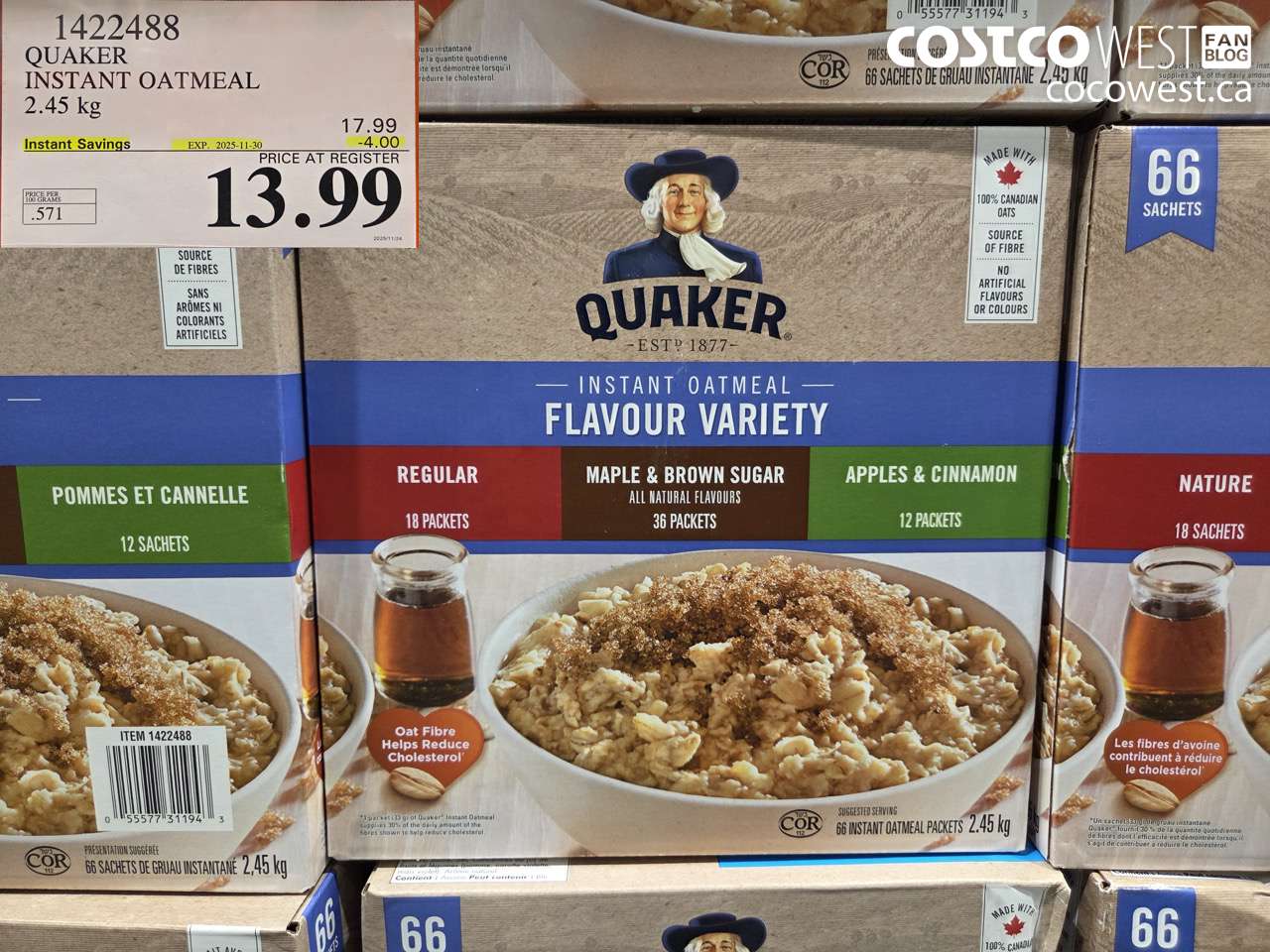 1422488 QUAKER INSTANT OATMEAL 2.45 kg ($4.00 INSTANT SAVINGS EXPIRES ON 2025-11-30) $13.99