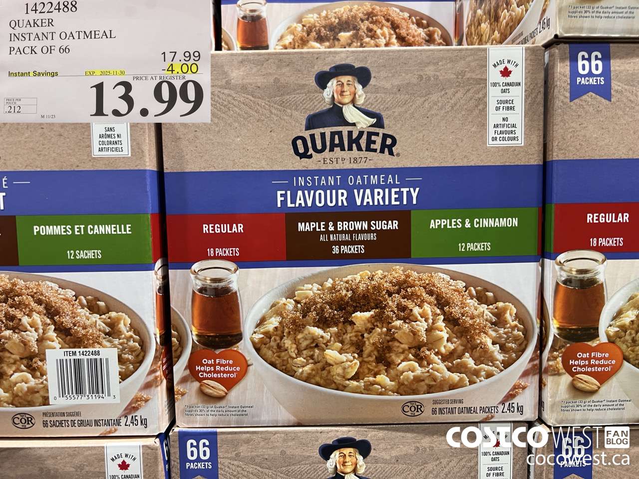 1422488 QUAKER INSTANT OATMEAL 66 COUNT ($4.00 INSTANT SAVINGS EXPIRES ON 2025-11-30) $13.99