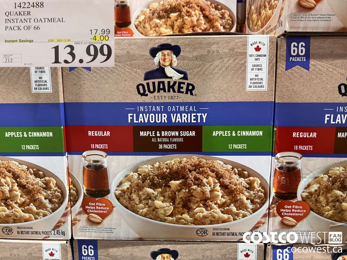 1422488 QUAKER INSTANT OATMEAL 66 COUNT ($4.00 INSTANT SAVINGS EXPIRES ON 2025-11-30) $13.99