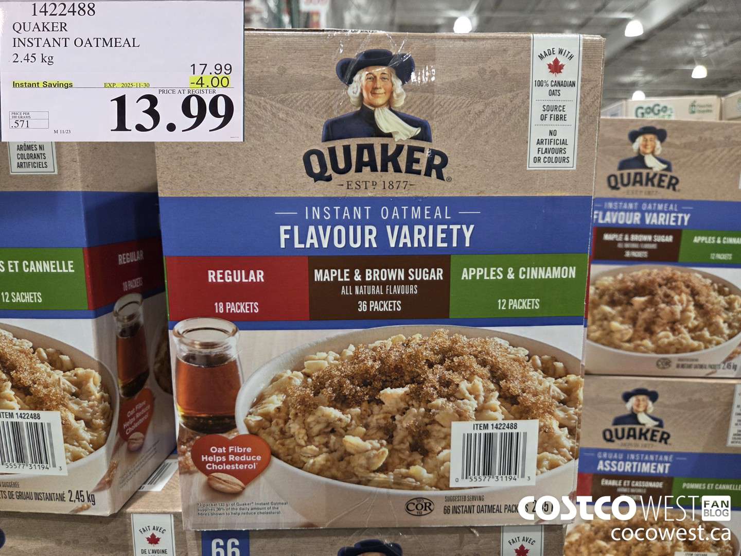 1422488 QUAKER INSTANT OATMEAL 66 COUNT ($4.00 INSTANT SAVINGS EXPIRES ON 2025-11-30) $13.99