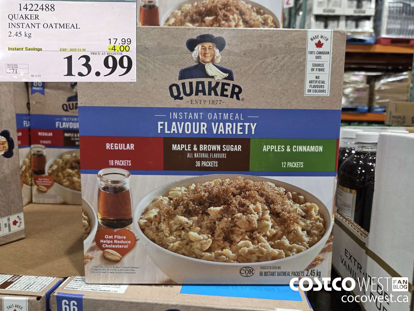 1422488 QUAKER INSTANT OATMEAL 66 COUNT ($4.00 INSTANT SAVINGS EXPIRES ON 2025-11-30) $13.99