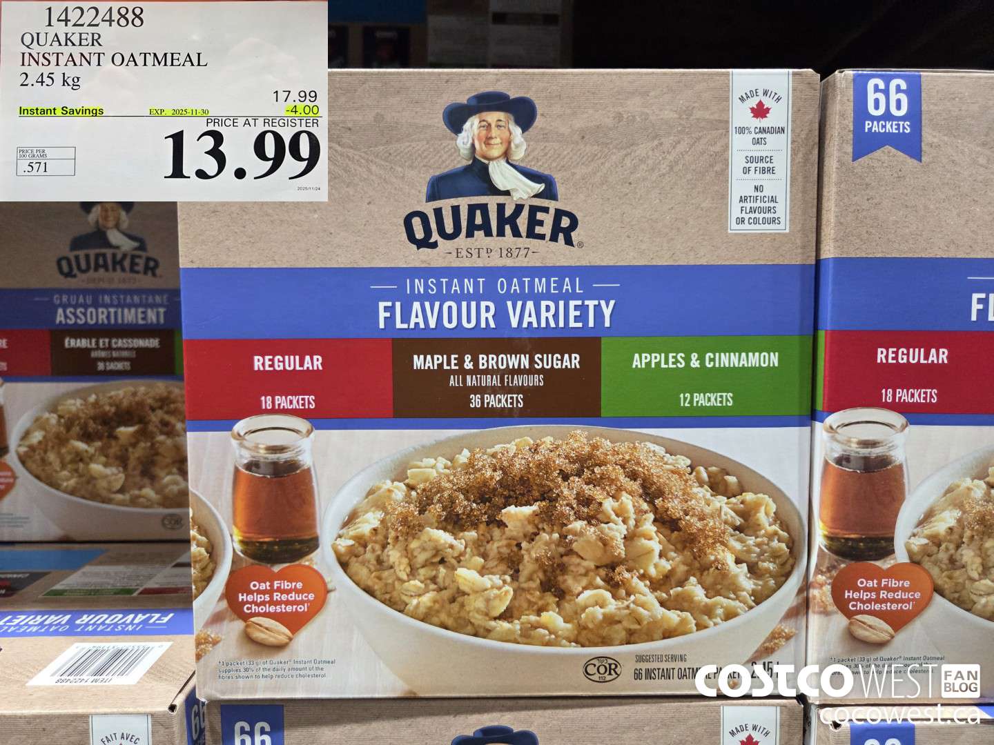 1422488 QUAKER INSTANT OATMEAL 66 COUNT ($4.00 INSTANT SAVINGS EXPIRES ON 2025-11-30) $13.99