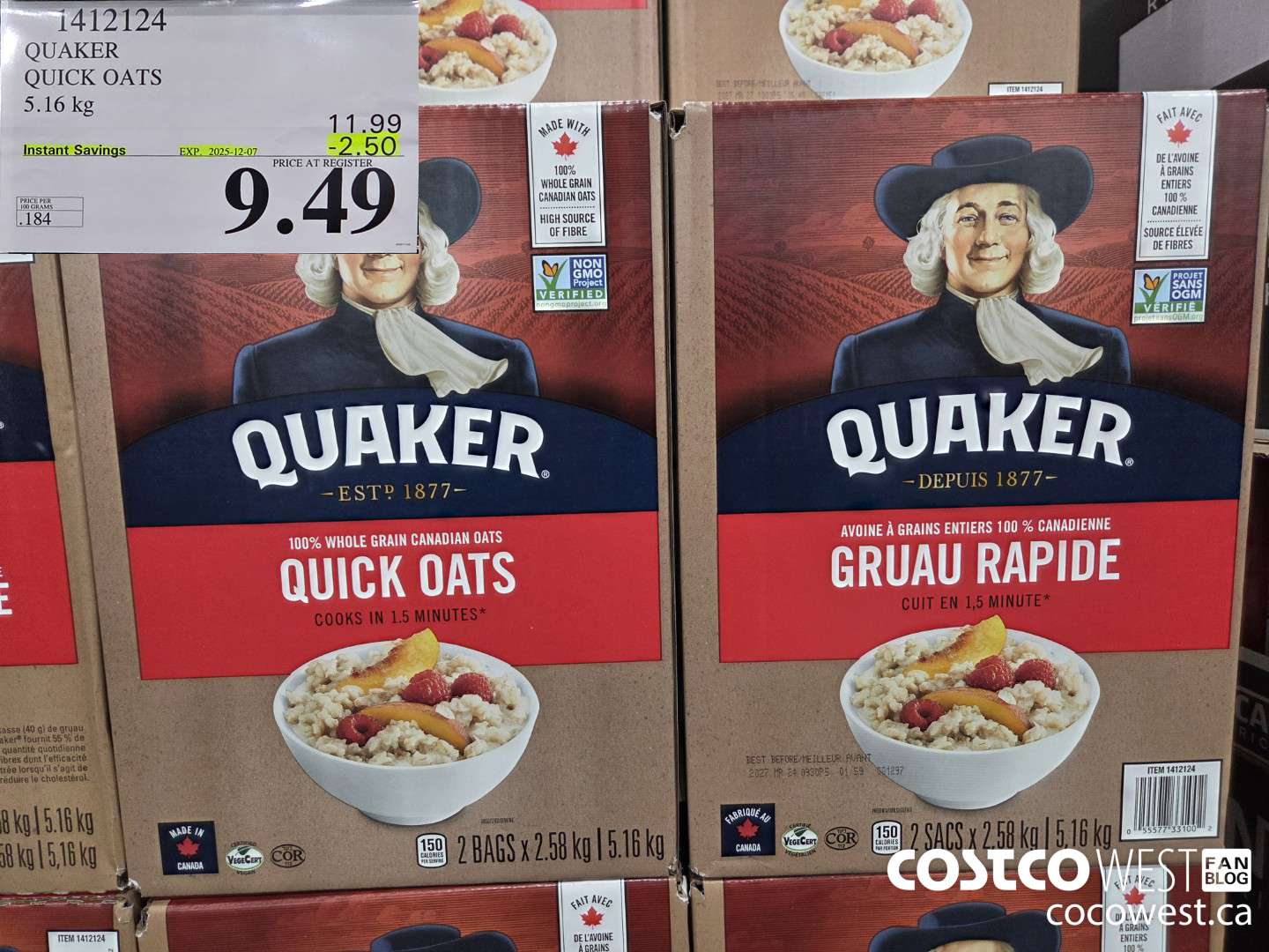 1412124 QUAKER QUICK OATS 5.16 kg ($2.50 INSTANT SAVINGS EXPIRES ON 2025-12-07) $9.49
