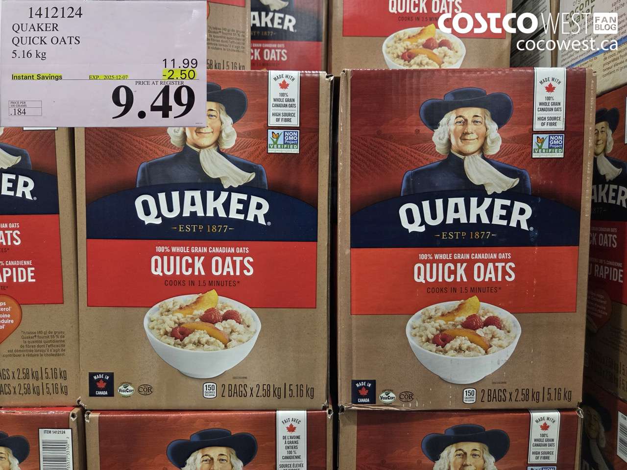 1412124 QUAKER QUICK OATS 5.16 kg ($2.50 INSTANT SAVINGS EXPIRES ON 2025-12-07) $9.49