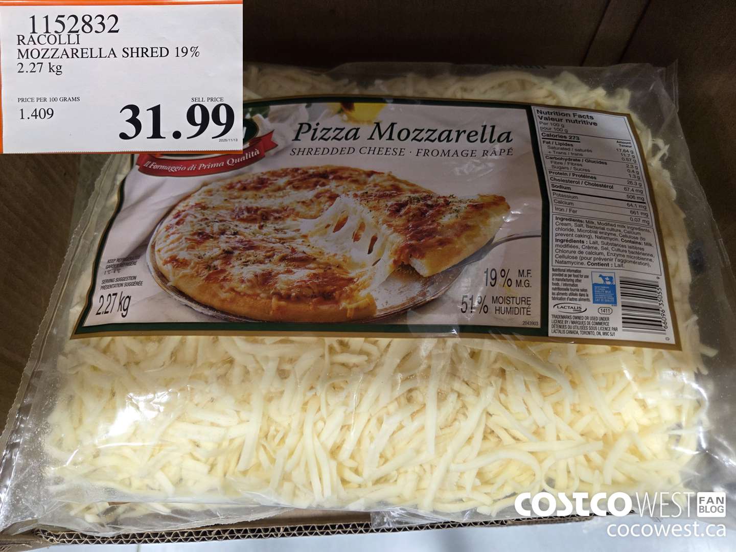 1152832 RACOLII MOZZARELLA SHRED 19% 2.27 kg $31.99