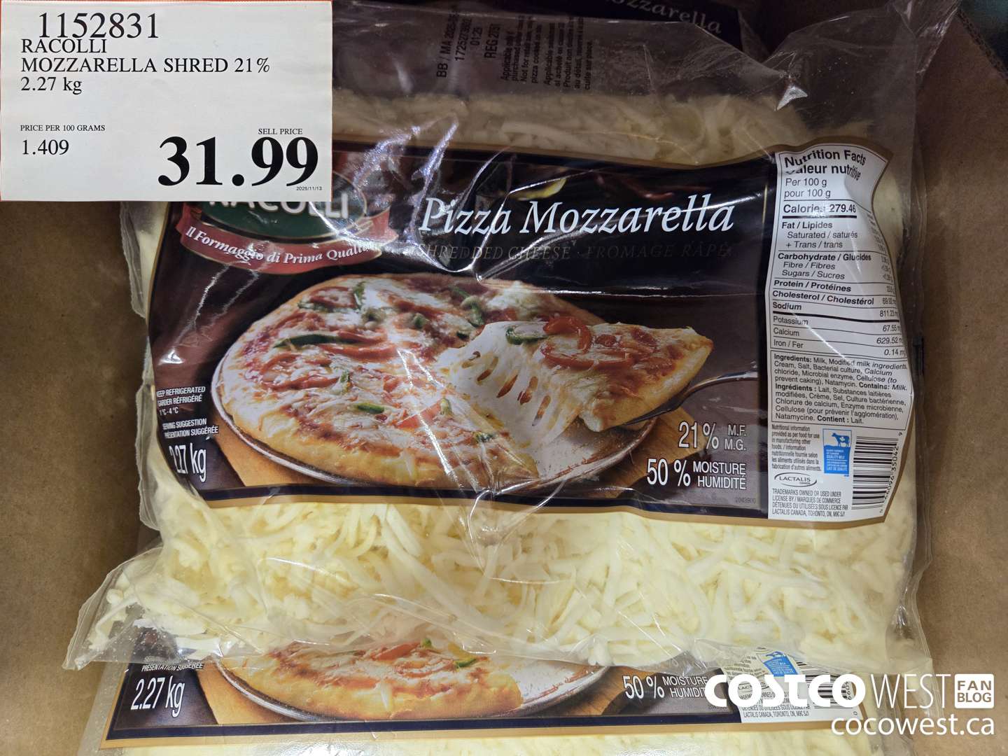 1152831 RACOLLI MOZZARELLA SHRED 21% 2.27 kg $31.99