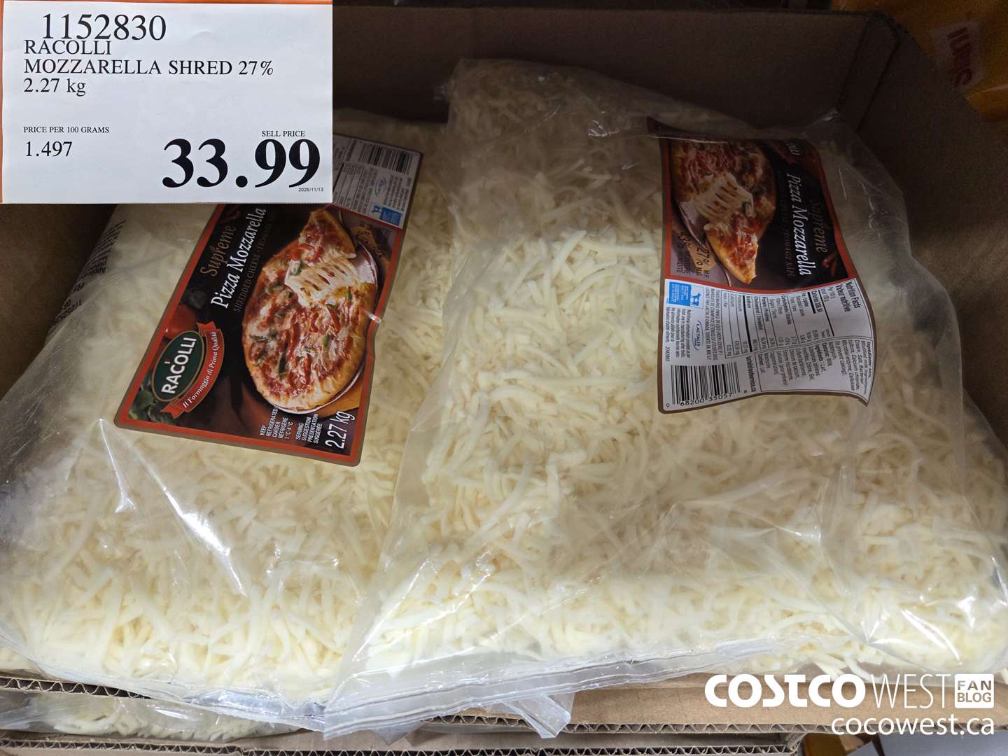 1152830 RACOLLI MOZZARELLA SHRED 27% 2.27 kg $33.99