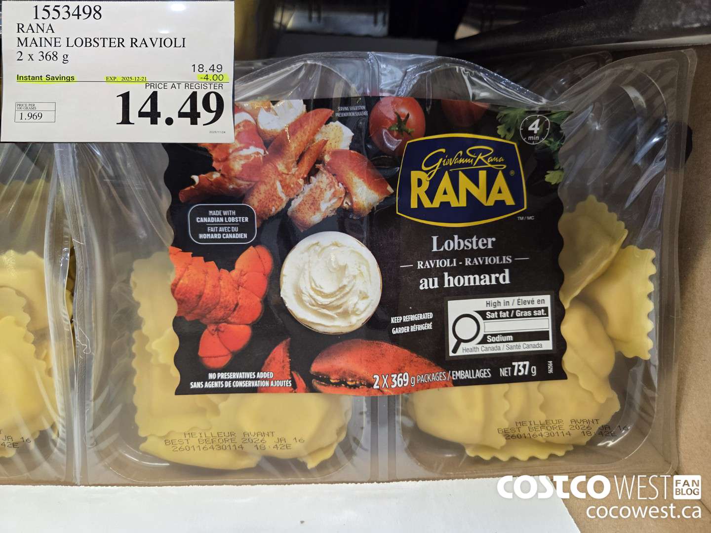 1553498 RANA MAINE LOBSTER RAVIOLI 2 X 368 G ($4.00 INSTANT SAVINGS EXPIRES ON 2025-12-21) $14.49