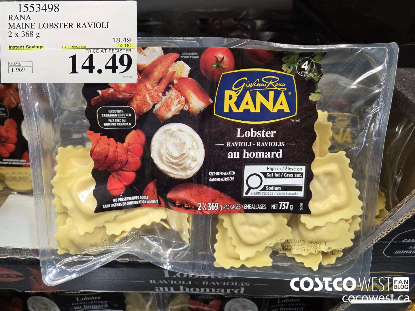 1553498 RANA MAINE LOBSTER RAVIOLI 2 X 368 G ($4.00 INSTANT SAVINGS EXPIRES ON 2025-12-21) $14.49