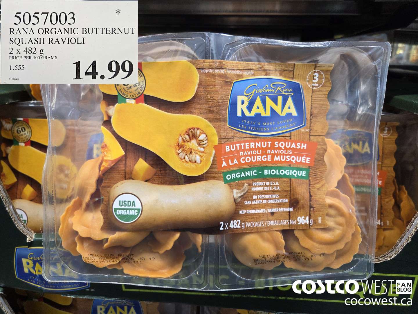 5057003 RANA ORGANIC BUTTERNUT SQUASH RAVIOLI 2 x 482 g $14.99