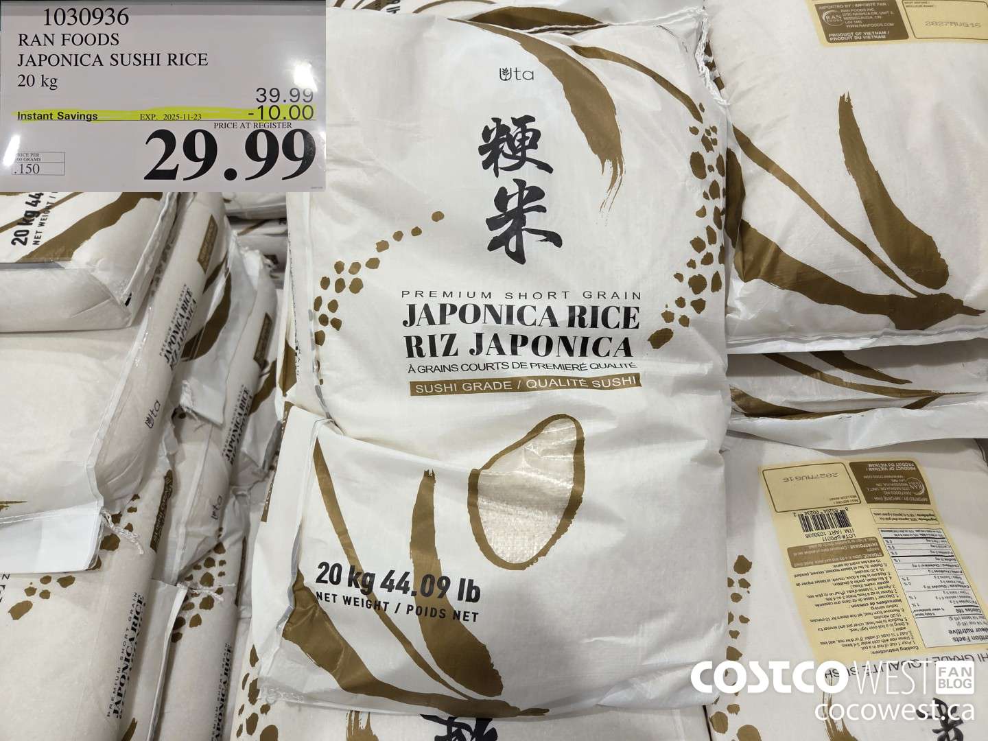 1030936 RAN FOODS JAPONICA SUSHI RICE 20 kg ($10.00 INSTANT SAVINGS EXPIRES ON 2025-11-23) $29.99