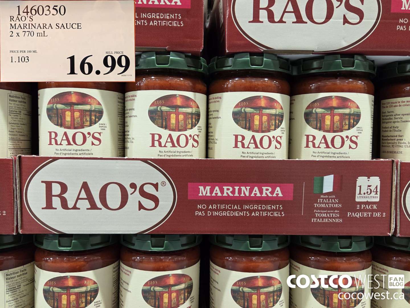 1460350 RAO'S MARINARA SAUCE 2 x 770mL $16.99