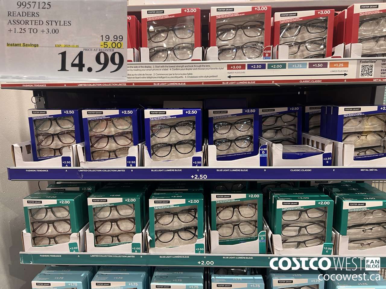 9957125 READERS ASSORTED STYLES +1.25 TO +3.00 ($5.00 INSTANT SAVINGS EXPIRES ON 2025-11-16) $14.99