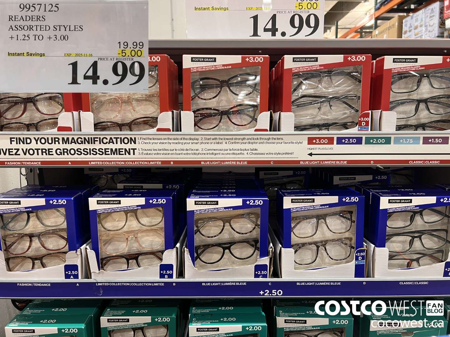 9957125 READERS ASSORTED STYLES +1.25 TO +3.00 ($5.00 INSTANT SAVINGS EXPIRES ON 2025-11-16) $14.99