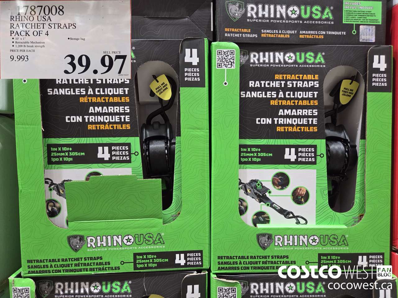 1787008 RHINO USA RETRACTABLE RATCHET STRAPS 4PK $39.97
