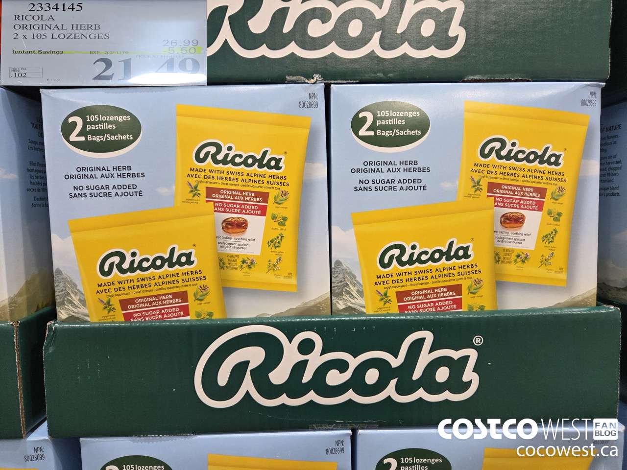 2334145 RICOLA ORIGINAL HERB 2 X 105 LOZENGES ($5.50 INSTANT SAVINGS EXPIRES ON 2025-11-09) $21.49