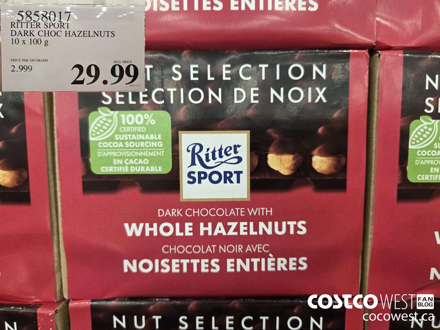 5858017 RITTER SPORT DARK CHOC HAZELNUTS 10 x 100 g $29.99
