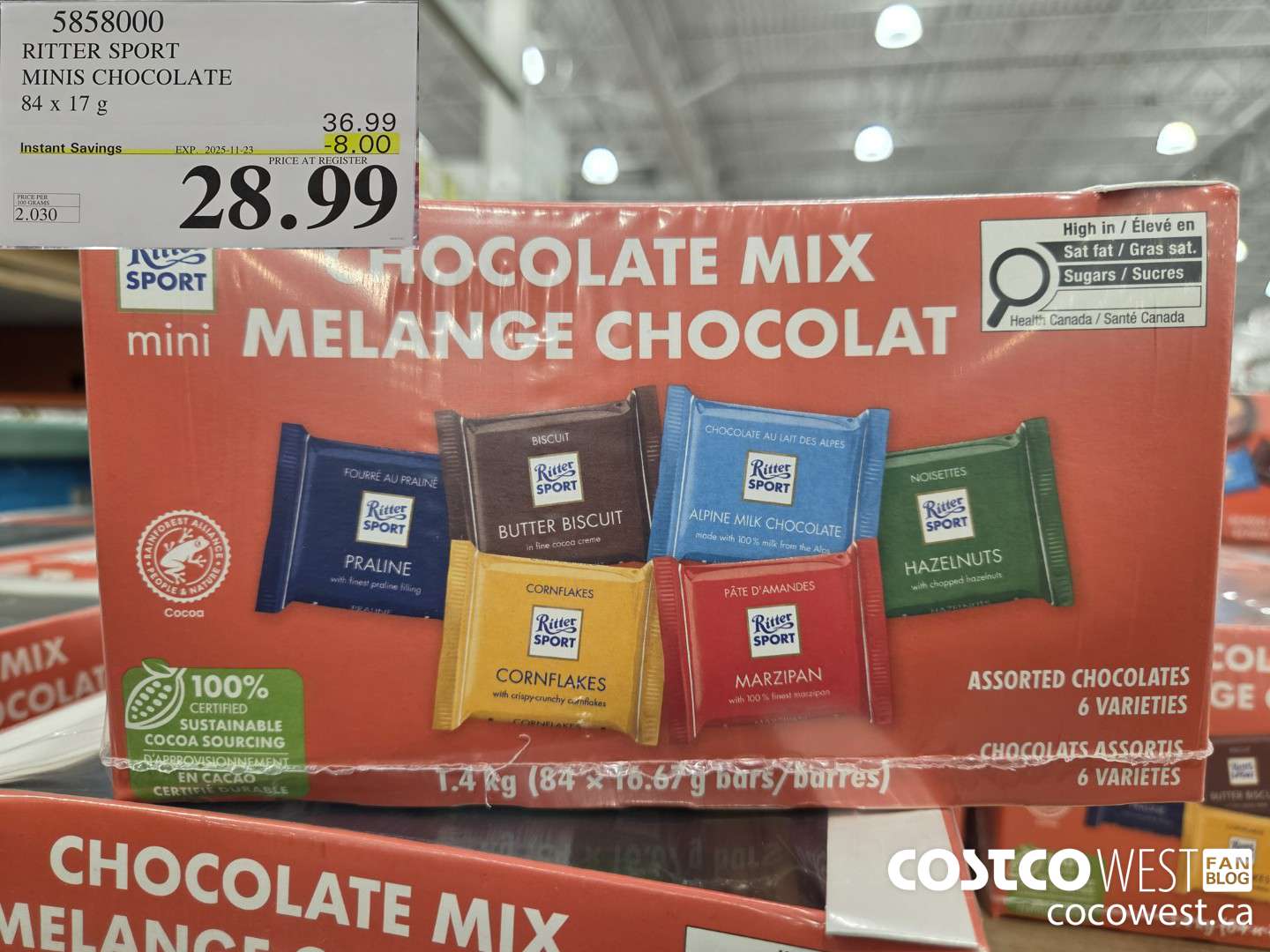 5858000 RITTER SPORT MINIS CHOCOLATE 84 x 17g ($8.00 INSTANT SAVINGS EXPIRES ON 2025-11-23) $28.99