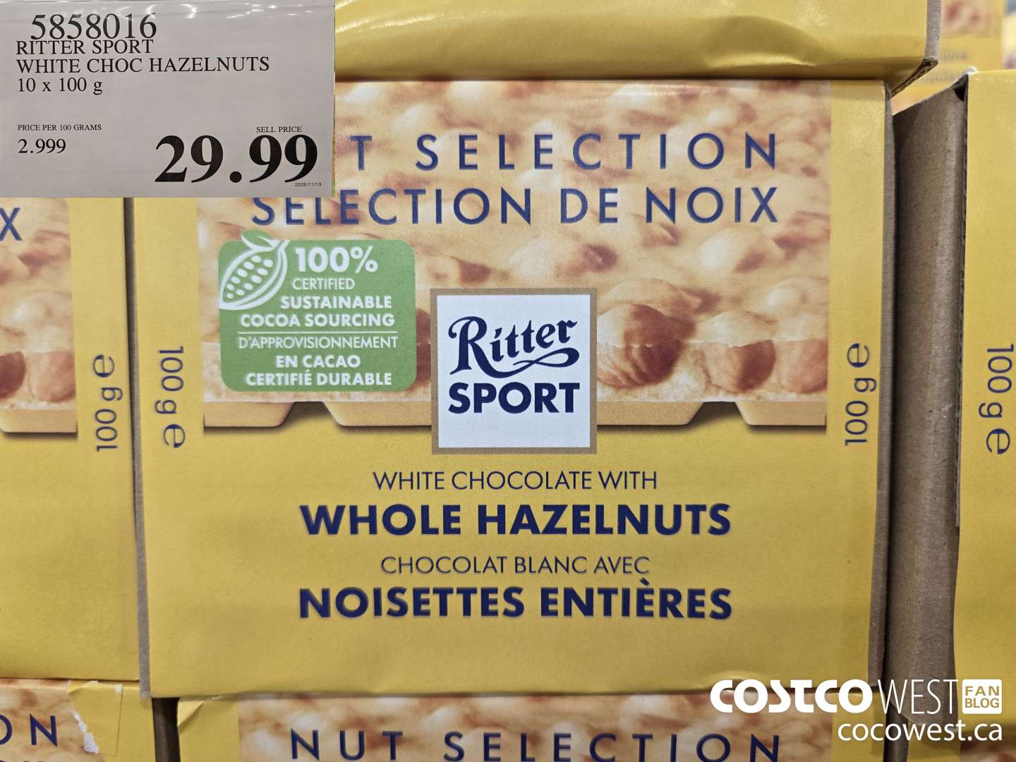 5858016 RITTER SPORT WHITE CHOC HAZELNUTS 10 x 100 g $29.99