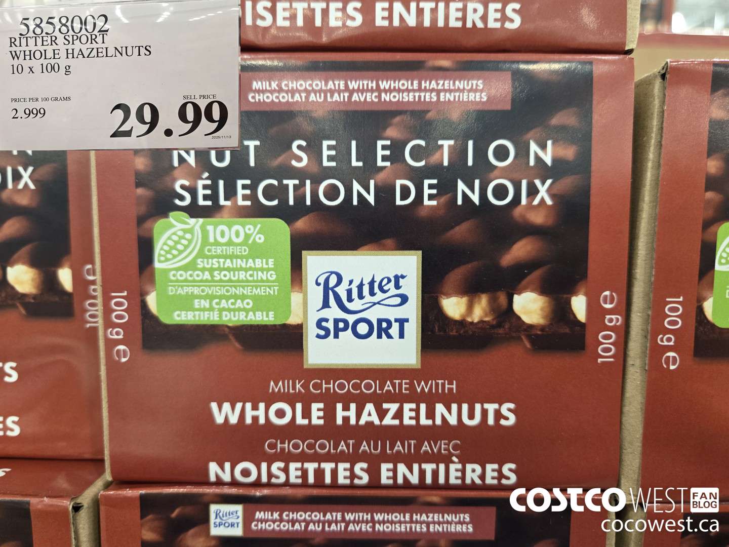 5858002 RITTER SPORT WHOLE HAZELNUTS 10 x 100 g $29.99