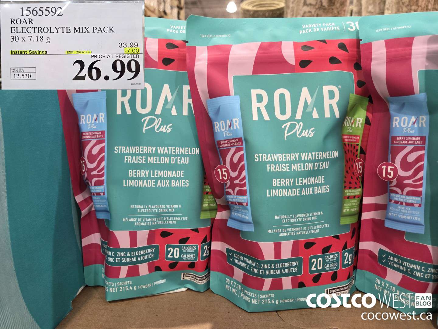 1565592 ROAR ELECTROLYTE MIX PACK 30 x 7.18 g ($7.00 INSTANT SAVINGS EXPIRES ON 2025-12-21) $26.99