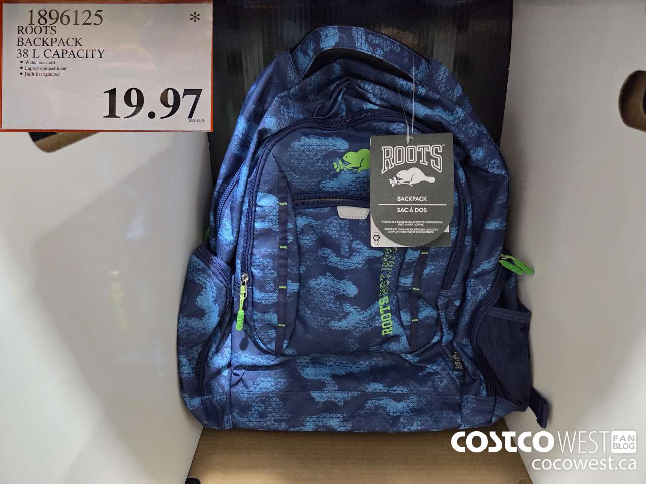 1896125 ROOTS BACKPACK 38L CAPACITY $19.97