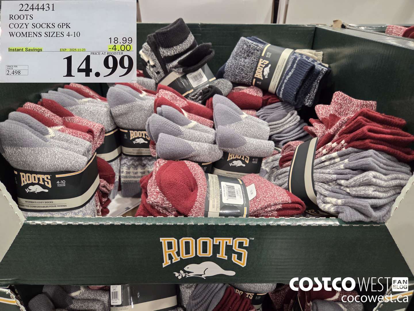 2244431 ROOTS COZY SOCKS 6PK WOMENS SIZES 4-10 ($4.00 INSTANT SAVINGS EXPIRES ON 2025-11-23) $14.99